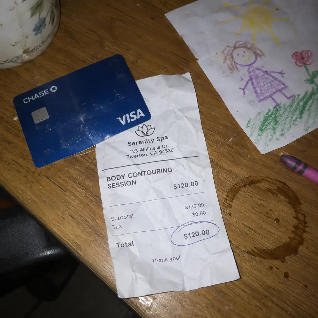 A spa receipt for a $120 body contouring session next to a credit card